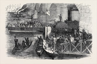 DEPARTURE OF THE ARMY WORKS CORPS FROM LONDON BRIDGE, FOR THE CRIMEA.