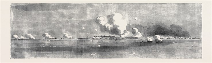 BOMBARDMENT OF KINBURN, VILLAGE ON FIRE, SKETCHED BY AN OFFICER OF THE EXPEDITION