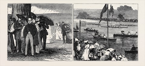 HENLEY REGATTA; LEFT: THE HENLEY SHOWER, RIGHT: VIEW OF THE COURSE FROM THE LAWN