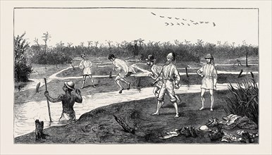 CROSSING THE PITCH LAKE IN THE ISLAND OF TRINIDAD, WEST INDIES