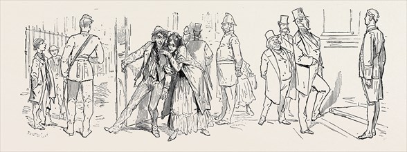 PICTURES OF LONDON BY A FRENCH ARTIST, LEFT: THE ARMY, CENTRE: ALCOHOLISM, RIGHT: ON THE CLUB STEPS