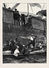 THE CARLIST WAR IN SPAIN, EMBARKATION OF DISABLED CARLISTS ON BOARD THE "SOMORROSTRO," CHARTERED BY