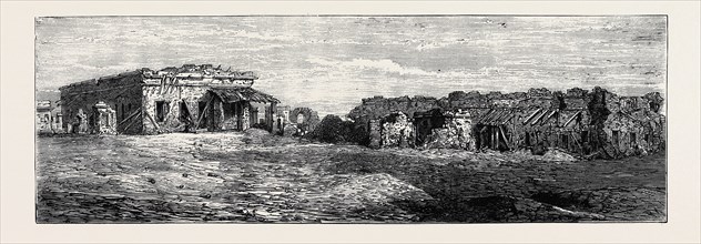 BARRACKS AT CAWNPORE, DEFENDED BY GENERAL WHEELER IN 1857, UNTIL REDUCED TO THIS CONDITION, Indian
