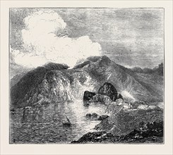 SKETCHES IN THE LIPARI ISLANDS: VIEW OF GREAT CRATER, VULCANO, FROM THE SEA, WITH RESIDENCE AND