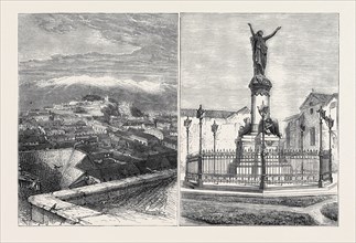 THE FORTHCOMING TRANSIT OF VENUS: LEFT IMAGE: VIEW OF SANTIAGO, RIGHT IMAGE: MONUMENT AT SANTIAGO