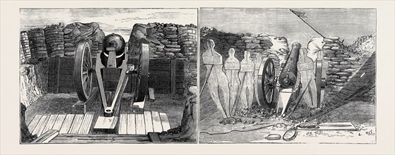 "SIEGE GUNS AND EARTHWORKS", ARTILLERY EXPERIMENTS AT EASTBOURNE: LEFT IMAGE: A 64 POUNDER GUN IN