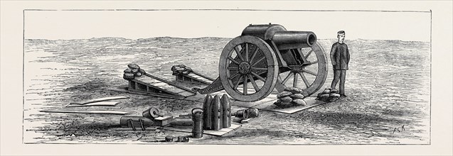 "SIEGE GUNS AND EARTHWORKS", ARTILLERY EXPERIMENTS AT EASTBOURNE: A 46 CWT. HOWITZER ON ITS