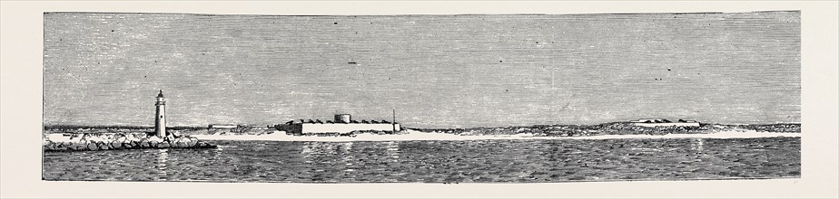 BEFORE THE BOMBARDMENT OF ALEXANDRIA, JULY 7, 1882: ENTRANCE TO ALEXANDRIA HARBOUR, ONE OF THE