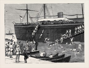 THE WAR IN EGYPT: BLUE-JACKETS OF H.M.S. "MONARCH" BATHING AT PORT SAID