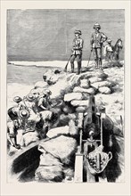 THE WAR IN EGYPT: SIR GARNET WOLSELEY AND THE DUKE OF TECK WATCHING THE DEMOLITION OF ONE OF