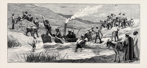 THE WAR IN EGYPT: BRITISH TROOPS CUTTING A DAM CONSTRUCTED BY ARABI AT MAHUTA ON THE SWEET WATER