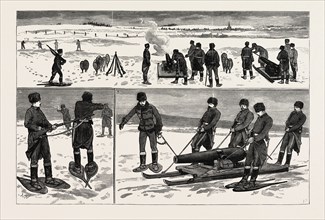 SHAM-FIGHT ON SNOW-SHOES NEAR QUEBEC, CANADA: 1. Field Guns Opening Fire on Skirmishers. 2. Close