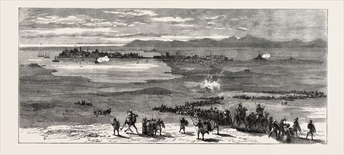 THE REBELLION IN THE SOUDAN (SUDAN): AN ENGLISH WAR-VESSEL FIRING FROM THE PORT OF SUAKIM UPON THE