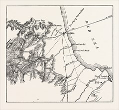 MAP SHOWING THE PLACE WHERE BAKER PASHA WAS DEFEATED, FEBRUARY 4, 1884, AND THE ROUTES FROM THE