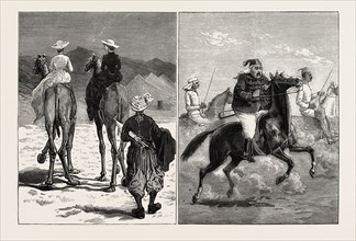 THE REBELLION IN THE SOUDAN (SUDAN): "OUR LADIES" (LEFT), BOOTS, BREECHES, AND SEAT AS SEEN IN THE