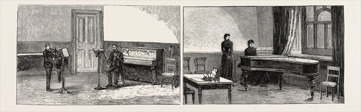THE ROYAL COLLEGE OF MUSIC, SOUTH KENSINGTON: ONE OF THE VIOLIN-CLASS ROOMS (LEFT IMAGE); ONE OF