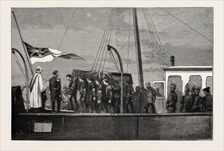 THE LATE DUKE OF ALBANY, THE ARRIVAL AT PORTSMOUTH, APRIL 4, 1884: BRINGING THE COFFIN ASHORE FROM