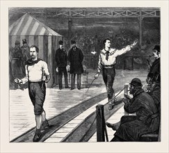 THE GREAT SIX DAYS' WALKING MATCH: "ON THE TRACK", SCENE DURING THE LAST DAY OF THE RACE