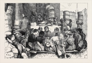 EARLY MORNING IN COVENT GARDEN MARKET, SHELLING PEAS, LONDON, 1870