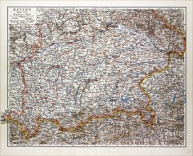 MAP OF THE SOUTHERN PART OF BAVARIA, GERMANY, 1899