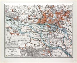 MAP OF HAMBURG AND THE SURROUNDING AREA, GERMANY, 1899