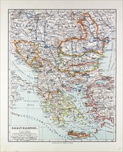 MAP OF AUSTRIA-HUNGARY, GREECE, SERBIA, BOSNIA AND HERZEGOVINA, ROMANIA, BULGARIA, MACEDONIA,