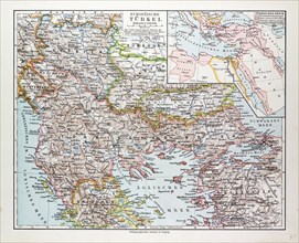 MAP OF MONTENEGRO, SERBIA, MACEDONIA, NORTHERN GREECE, BULGARIA, ALBANIA, WESTERN TURKEY, 1899