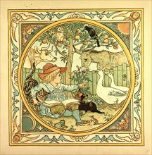 A CHILD SURROUNDED BY A CAT, DONKEY, GEESE, A RAVEN, A MOUSE, A FROG, AN OWL AND A COW