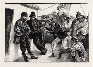 WHILE HE ADDRESSED THE BOATMEN, THE OTHERS STOOD DOGGEDLY LOOKING ON: DRAWN BY W.H. OVEREND.