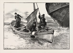 While I grabbed him to help him inboard, Abraham was hoisting the sail. DRAWN BY W.H. OVEREND