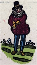 illustration of English tales, folk tales, and ballads. A man in colourful clothes reaching for