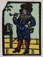 illustration of English tales, folk tales, and ballads. A man wearing colourful clothes and smoking