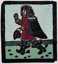 illustration of English tales, folk tales, and ballads. A man wearing red clothes, a cape and black
