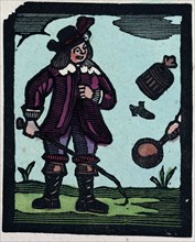 illustration of English tales, folk tales, and ballads. A man wearing a purple dress
