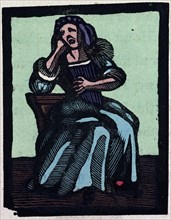 illustration of English tales, folk tales, and ballads. A woman wearing a blue dress