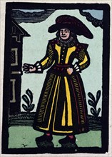 illustration of English tales, folk tales, and ballads. A person wearing a yellow dress