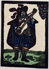 illustration of English tales, folk tales, and ballads. A man dressed in blue playing a guitar
