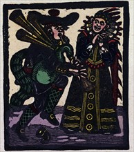 illustration of English tales, folk tales, and ballads. A man playing a bagpipe while a woman