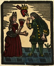 illustration of English tales, folk tales, and ballads. A woman and a man with above them a burning
