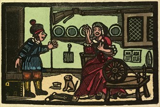 illustration of English tales, folk tales, and ballads. Old English interior. Woman with spinning