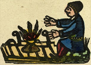 illustration of English tales, folk tales, and ballads. A man warming his hands at a fire