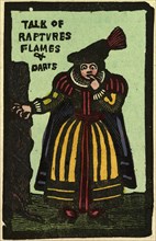 illustration of English tales, folk tales, and ballads. A woman. Talk of flames and darts