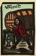 illustration of English tales, folk tales, and ballads. A man filling a jug with a liquid substance