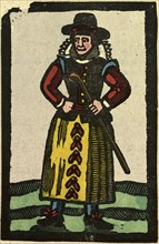 illustration of English tales, folk tales, and ballads. A woman with a walking stick