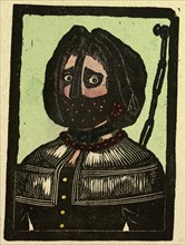 illustration of English tales, folk tales, and ballads. A frightened woman wearing a mask