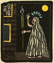 illustration of English tales, folk tales, and ballads. A person holding a torch at night