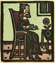 illustration of English tales, folk tales, and ballads. A woman drinking a cup of tea