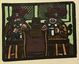 illustration of English tales, folk tales, and ballads. Three people talking while having a drink