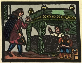 illustration of English tales, folk tales, and ballads. A man in tears being addressed by a woman