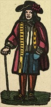 illustration of English tales, folk tales, and ballads. A man wearing colourful clothes holding a